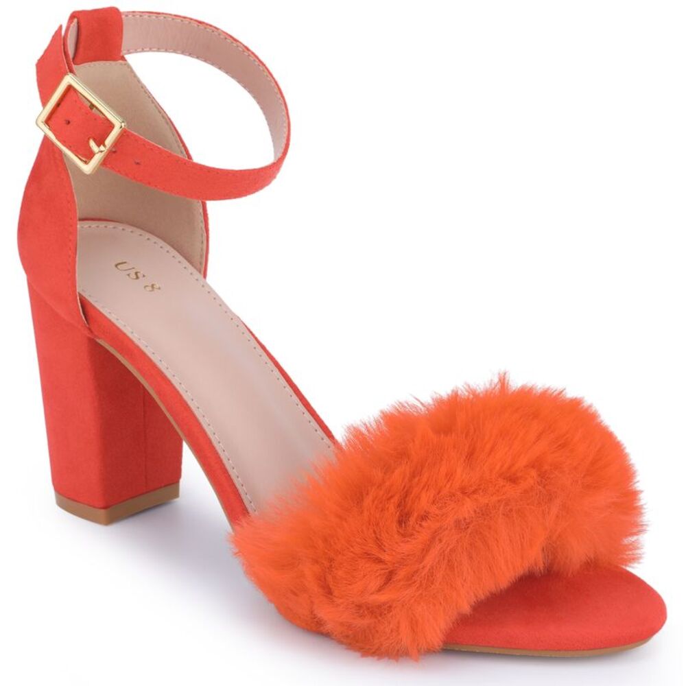Fluffy Feather Ankle Strap Block Heel Fur Heels Sandal Orange